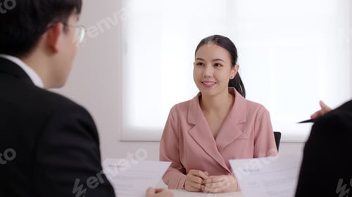 Preview: Asia young people jobless female or happy trainee student sit talk in company meeting