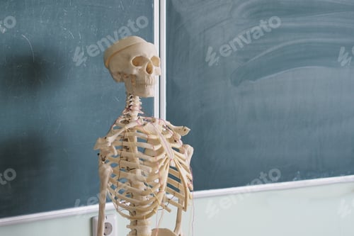 Preview: Educational model of a human skeleton on the background of a school blackboard. Human anatomy.