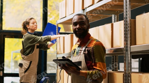 Preview: African american man using scanner