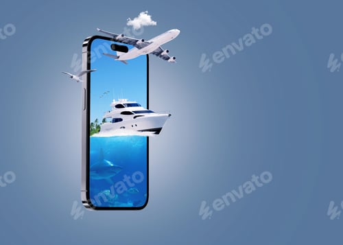 Preview: Yacht and airplane creative design on smartphone. Online booking concept. Travel