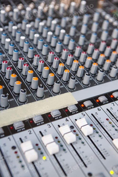 Preview: Mixing board panel equipment detail. Sound technology background. Vertical