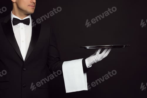Vorschau: Butler mit Tablett auf schwarzem Hintergrund, Nahaufnahme