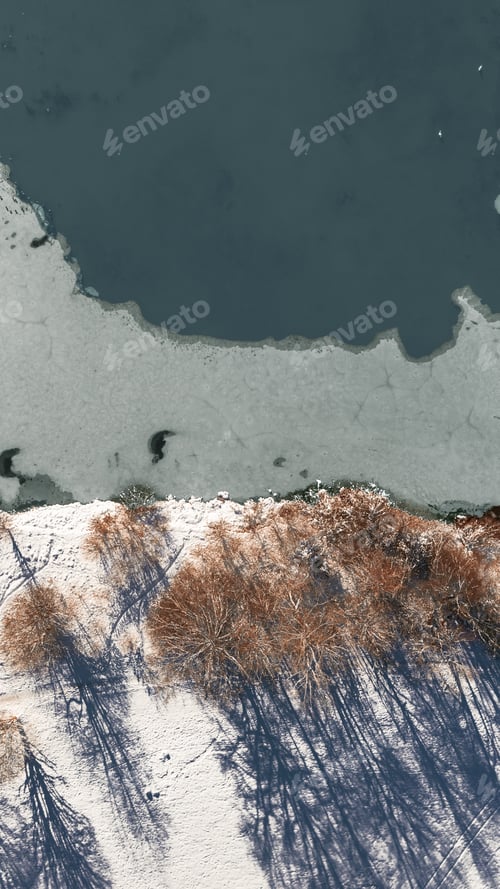 Preview: Vertical aerial shot of the shore of a frozen lake