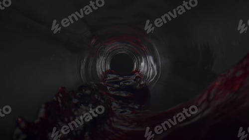 Preview: Red wine inside bottle outflowing outside in super slow motion close up.
