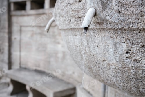 Preview: Water flows in an old stone European drying fountain