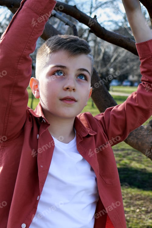 Preview: A blond-haired little boy against the background of trees