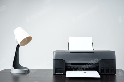 Preview: Printer with paper on gray background close up