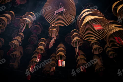 Preview: traditional burning incense coils inside chinese a-ma temple in macau