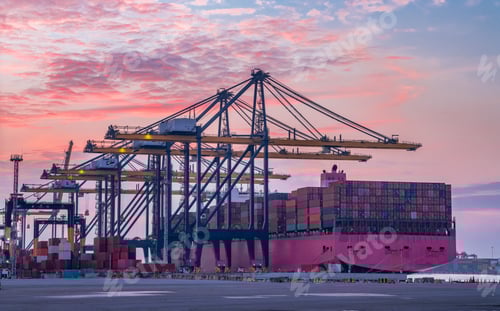 Preview: Cargo ship and truck at seaport waiting for container dock crane shipment harbour loading container