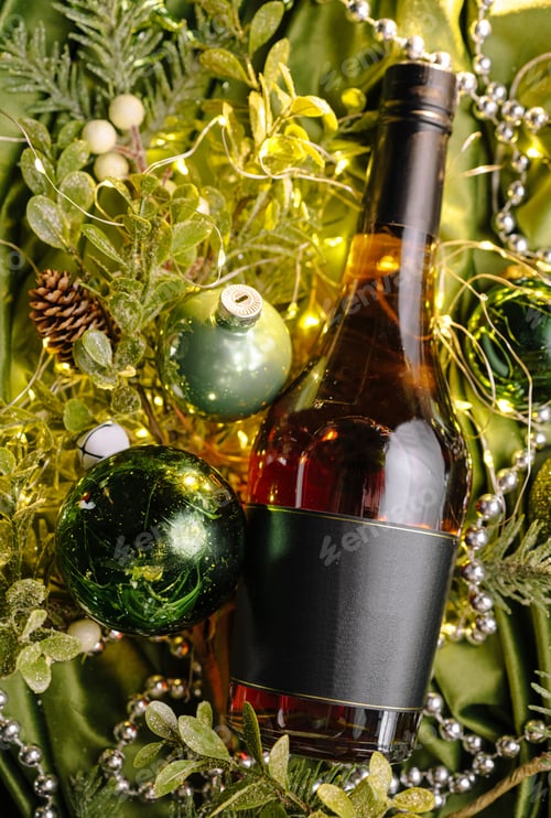 Preview: Festive cognac bottle surrounded by decorations on a green backdrop
