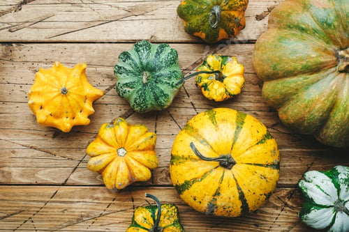 Preview: Organic farm orange, white and green pumpkins on rustic wooden kitchen table, autumn food.. Top view