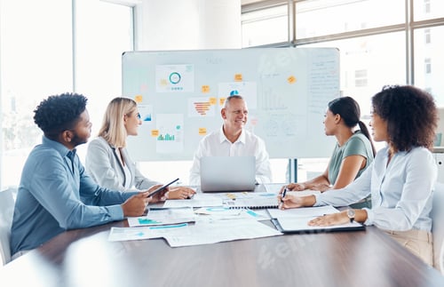 Preview: Planning, thinking and strategy by team collaboration on financial analysis in a corporate office.