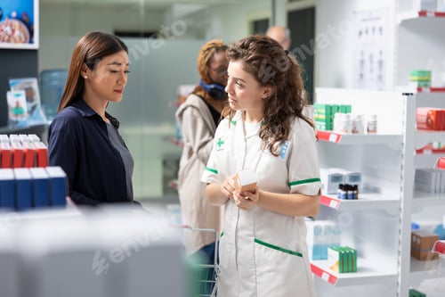 Preview: Healthcare worker assisting a pharmacy customer in choosing SPF cream