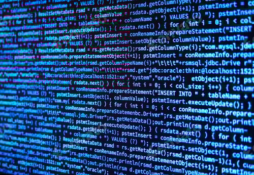 Preview: Program source computer data code on monitor screen on blue background. 3d illustration.