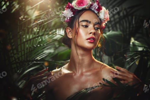 Preview: Plant, skincare and woman for beauty glow, face health and wellness in nature forest, marketing or