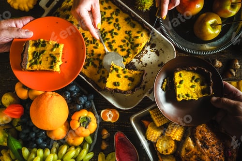 Preview: Turkey, chocolate pumpkin pie, vegetables and fruits in a festive feast