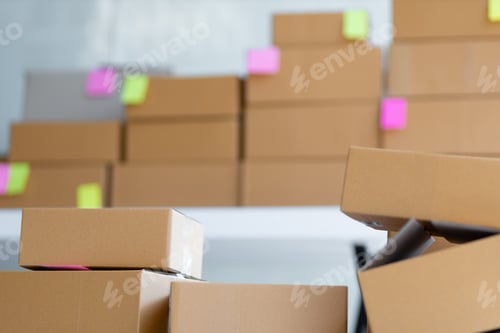 Preview: Cardboard boxes, parcel packing and online business ideas and shipping.