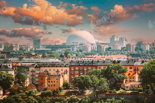 Preview: Stockholm, Sweden. Avicii Arena Ericsson Globe In Summer Skyline. It's Currently The Largest