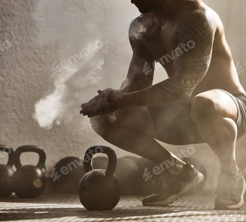 Preview: Fitness, workout of healthy wellness man at a gym. Big muscular male getting ready for weight lifti