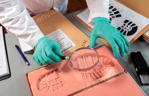Preview: Forensic scientist investigates shoeprint mould evidence in crime lab, conceptual image