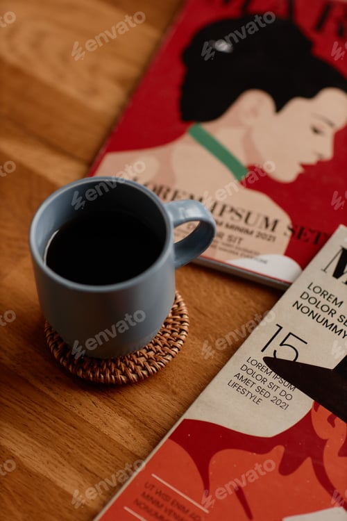 Preview: Cup with Coffee Placed on Braided Straw Coaster Protecting Table Surface Indoors