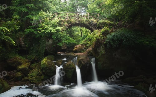 Preview: Landscape of the Schiessenstumpfel waterfall in Luxembourg with mossy rocks