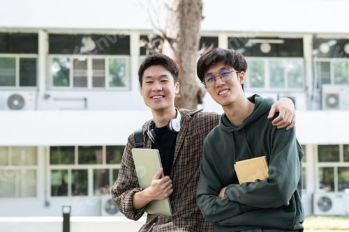 Preview: Young University Students Smiling and Posing Together Outdoors on Campus, Holding Books and Laptops