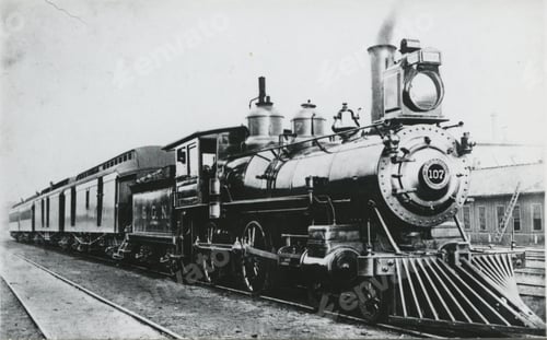 Preview: Grayscale shot of a steamed locomotive in 19th-century railroad
