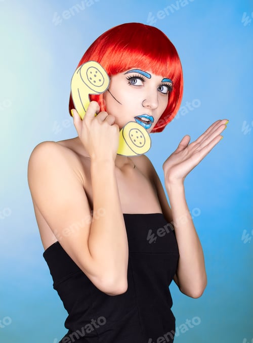 Preview: Portrait Of Young Woman In Comic Comic Pop Art Make-Up Style. Female In Red Wig On Blue Background