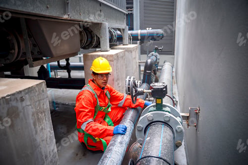 Preview: Worker inspects industrial piping system in a facility during daytime