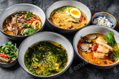 Preview: Assorted traditional Asian soups. Miso, Ramen, Tom Yam, Pho Bo. Black background. Top view