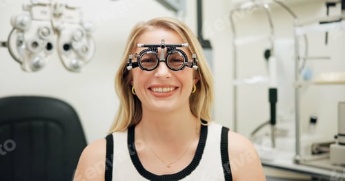 Preview: Portrait, happy woman and test frame for vision, healthcare and eye care in clinic. Face, smile and