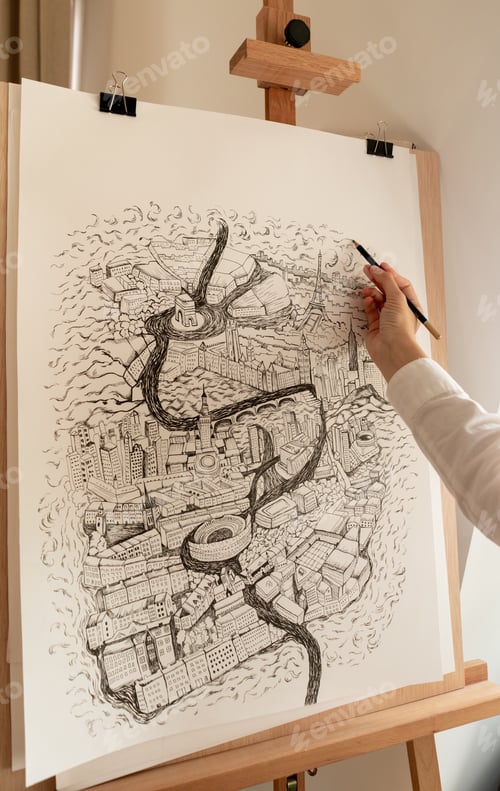 Preview: Person drawing city on canvas
