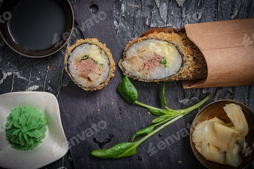 Preview: Still Life. Japanese Cuisine- Roll In A Package. Flat Lay