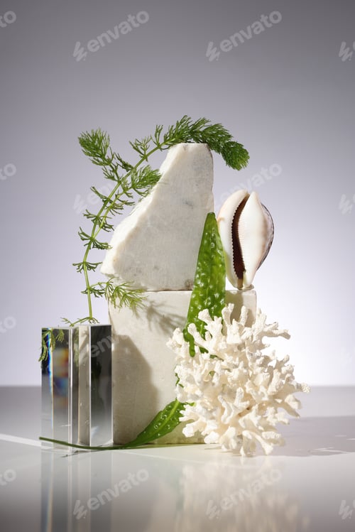Preview: Podium for organic or eco cosmetic products. Modern still life art with carals, moss, seaweed.