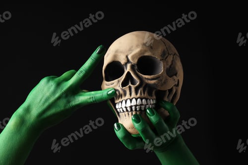 Preview: Green, painted hands show a peace gesture, next to a skull.