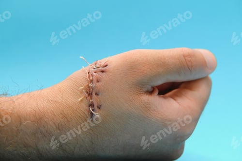Preview: Close-up of a hand wound with stitches