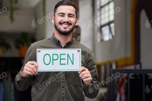 Preview: Open, sign and happy business owner working in retail, store or start of service in restaurant, caf