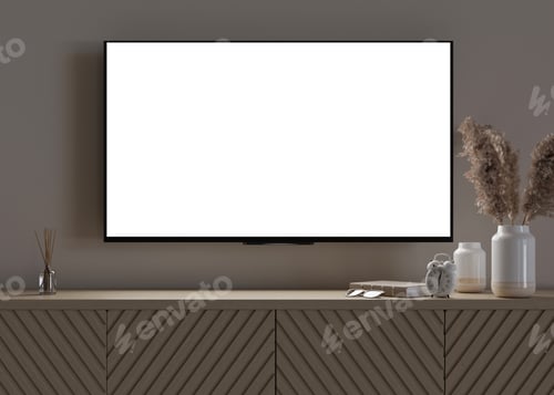 Preview: TV mock up. LED TV with blank white screen, hanging on the wall at home. Copy space