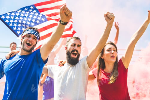 Preview: American fans cheering at stadium with USA flags