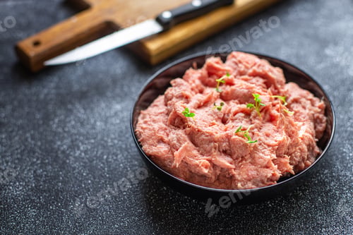 Preview: Minced Meat Turkey Or Chicken Grind Healthy Diet Meal Top View Copy Space For Text Food Background