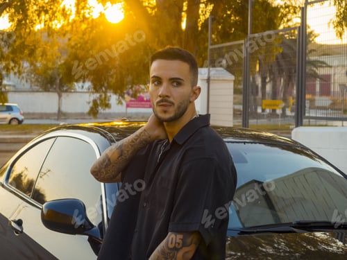 Preview: Closeup shot of a young attractive male leaning on the car
