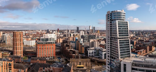 Preview: Aerial panorama of Leeds city centre in a cityscape skyline