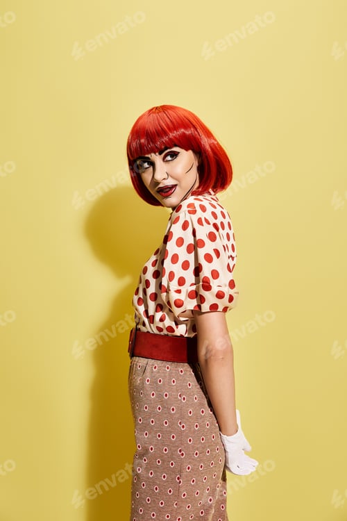 Preview: Vibrant woman in pop art polka dot dress