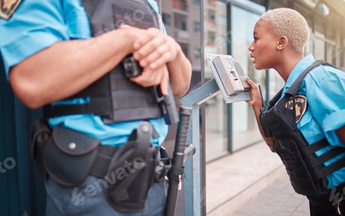 Preview: Woman, police and intercom by door for investigation, search or calling suspect in the city outdoor