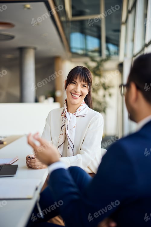 Preview: Professional Business Discussion in Modern Office Setting With Smiling Businesswoman
