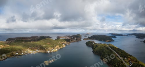 Preview: Aerial view of a small town on a rocky Atlantic Ocean Coast. Newfoundland, Canada