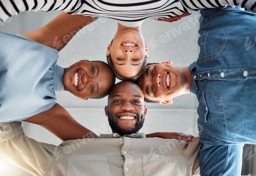 Preview: Portrait of a group of young diverse businesspeople smiling and huddling in support at work. Cheerf
