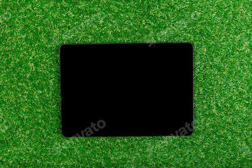 Preview: Black tablet placed on green grass background during bright daylight in a serene outdoor setting