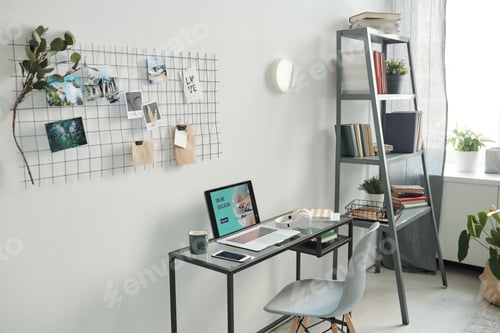 Preview: Workplace of remote student or manager consisting of chair by small glass table